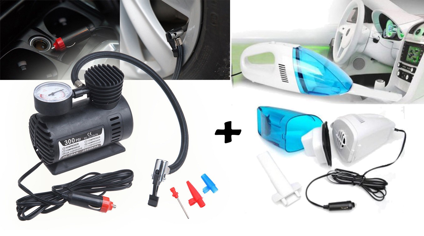 Pachet promotional Compresor auto pentru aer, 12v + aspirator auto vacuum, 12v
