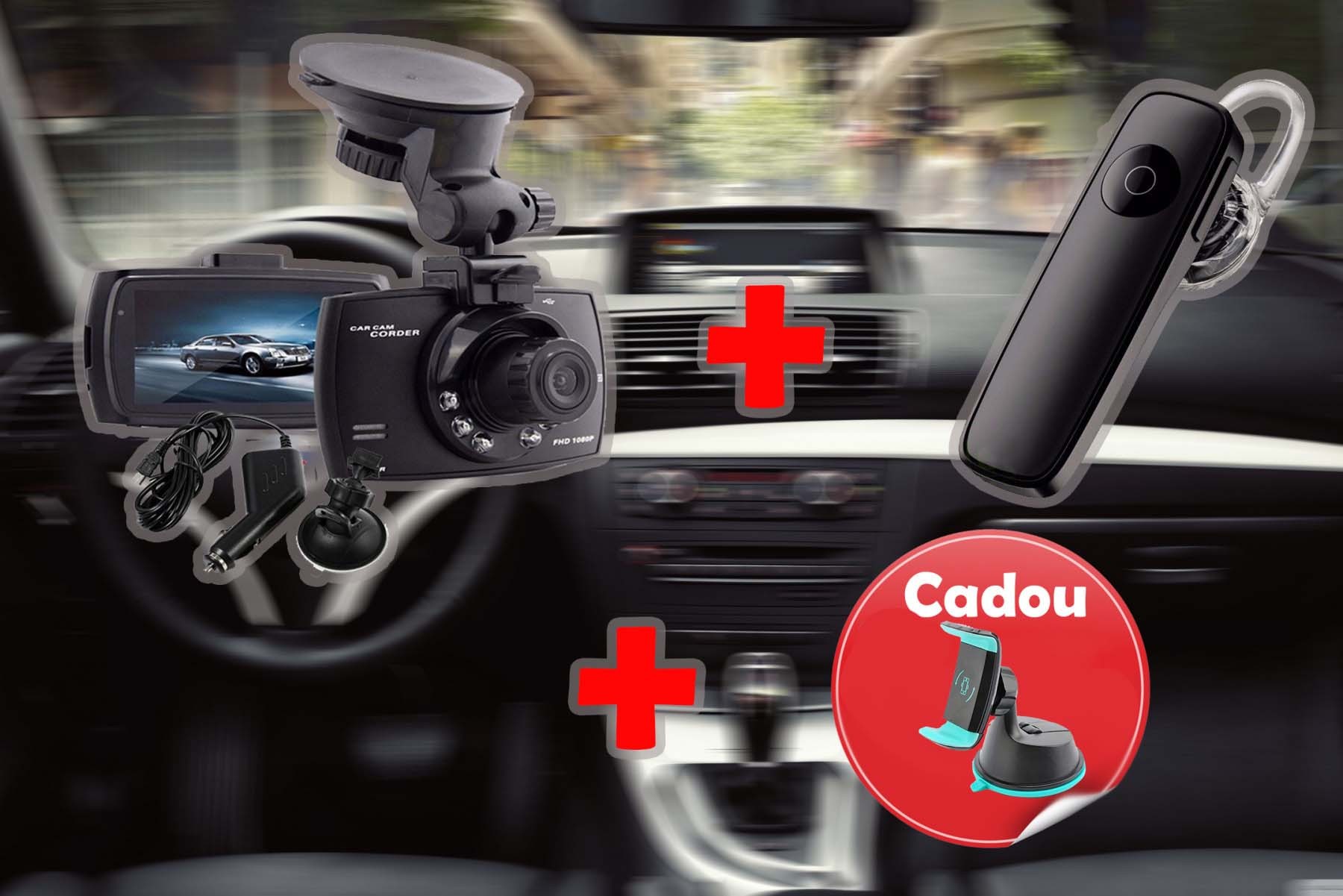 Pachet promotional Camera video auto Full HD , Casca Bluetooth si suport telefon cadou