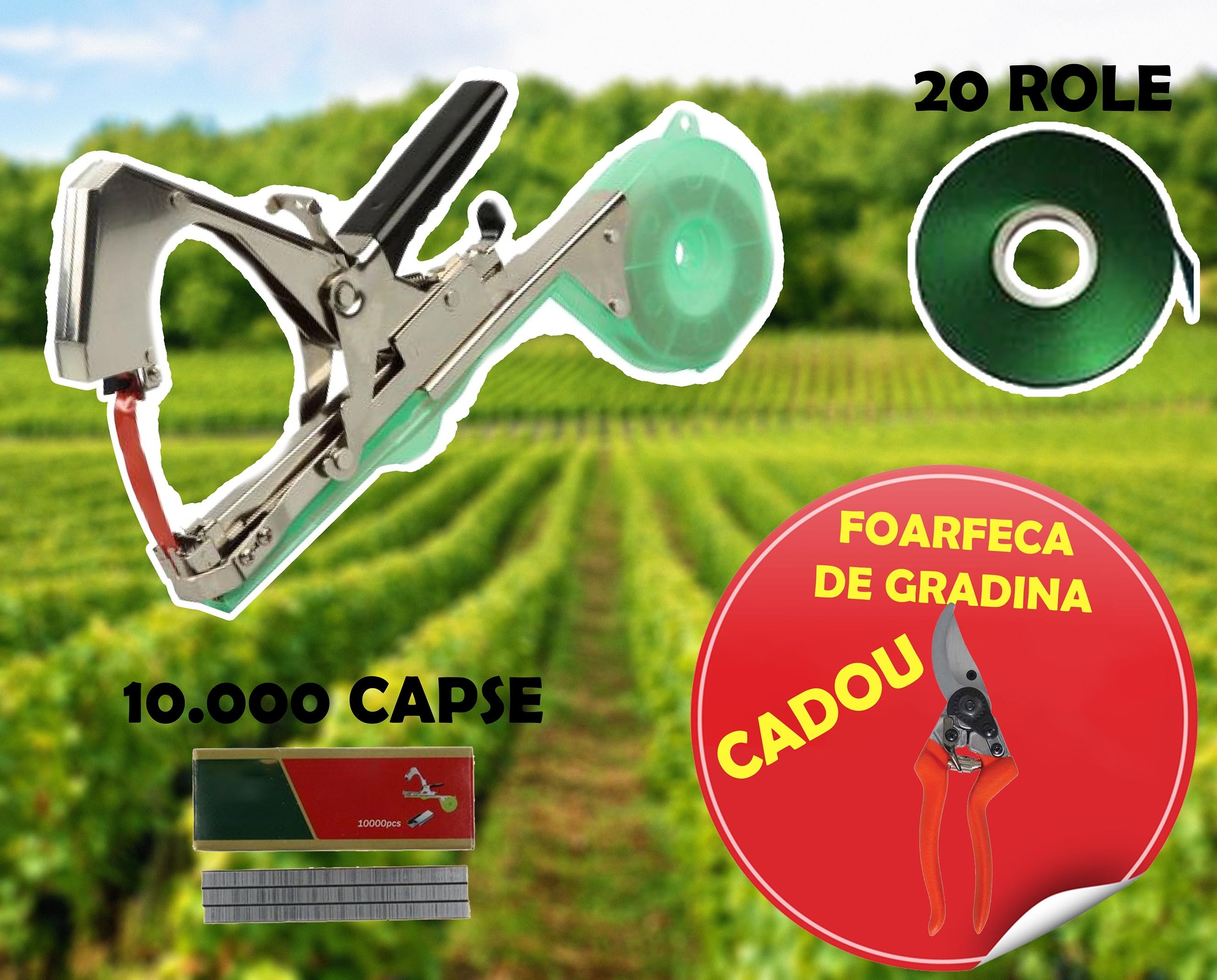 Pachet complet pentru gradina, Aparat pentru legat vita de vie,plante,pomi 20 role, 10.000 capse + Foarfeca gradina CADOU