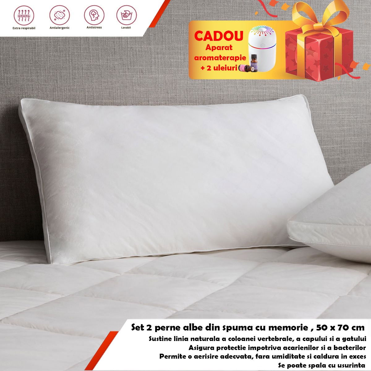Set 2 perne albe matlasate ecologice , 50 x 70 cm + Aparat aromaterapie si 2 uleiuri CADOU