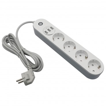 Prelungitor cu intrerupator, 3.4A cu 4 prize si 3 porturi USB